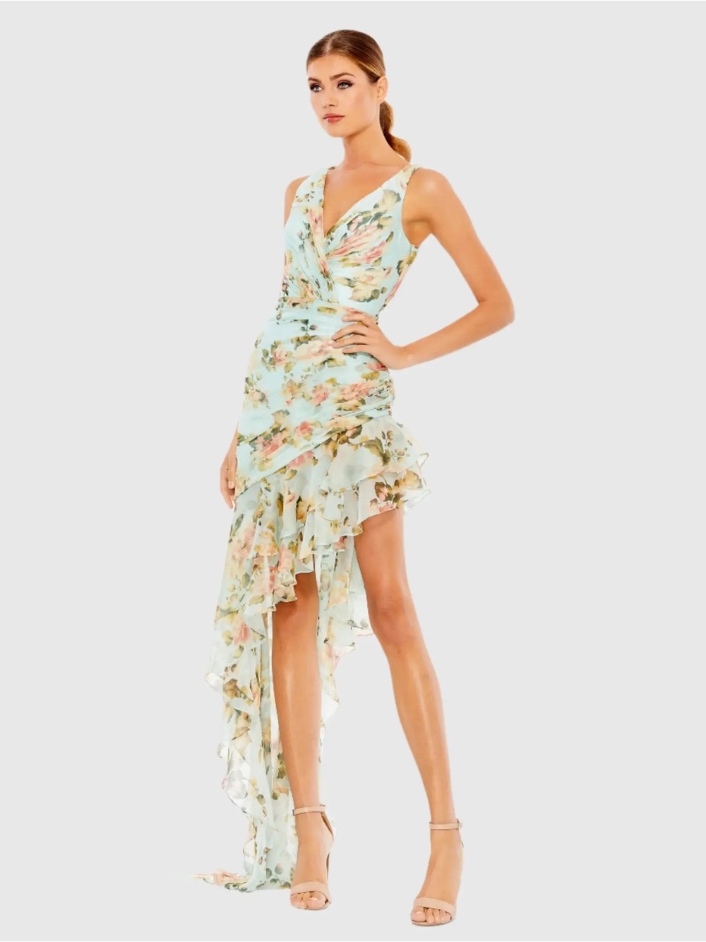 MAC DUGGAL Floral Print Asymmetrical Ruffle Hem Dress size 2 New no tags